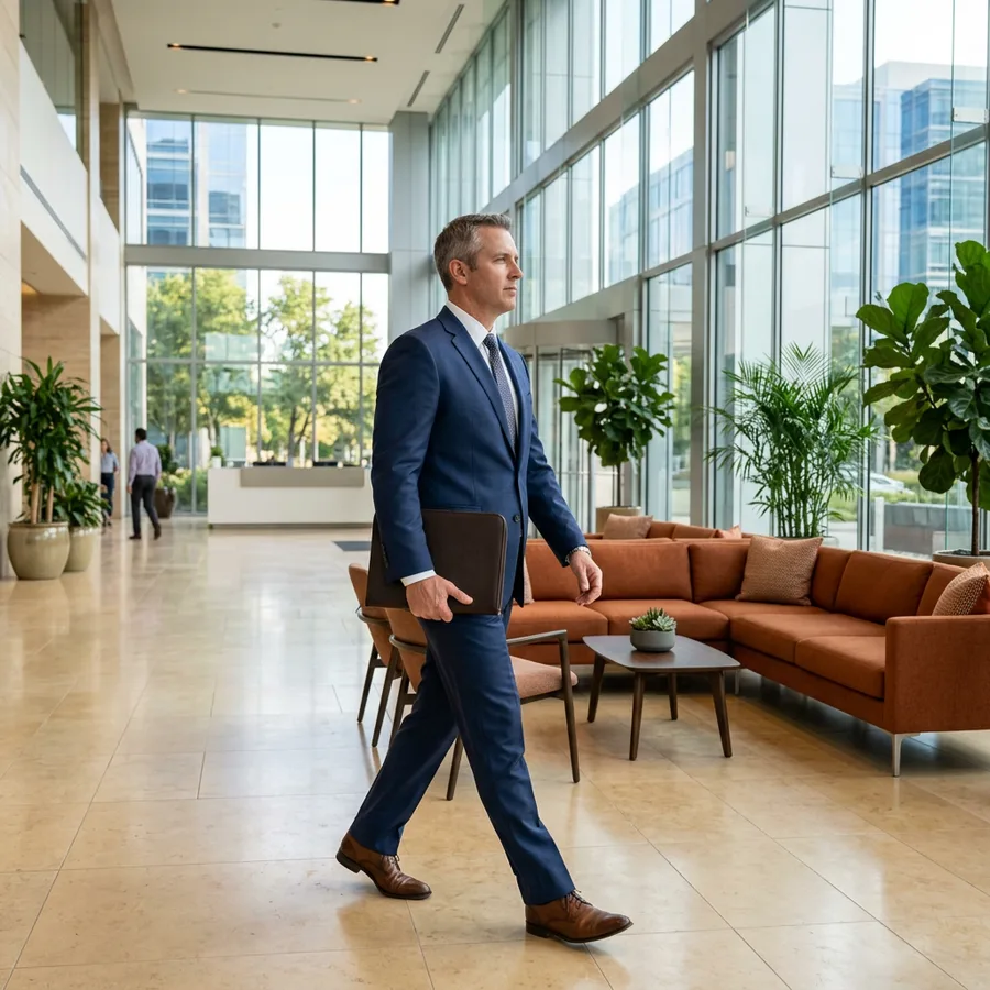 A professional carrying documents through a bright corporate lobby in Las Colinas with warm orange furniture accents