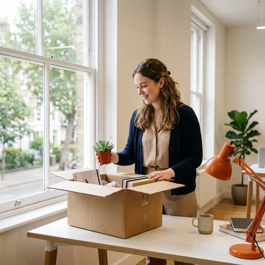 A newly relocated professional unpacking a moving box at a desk in a bright office with an orange lamp
