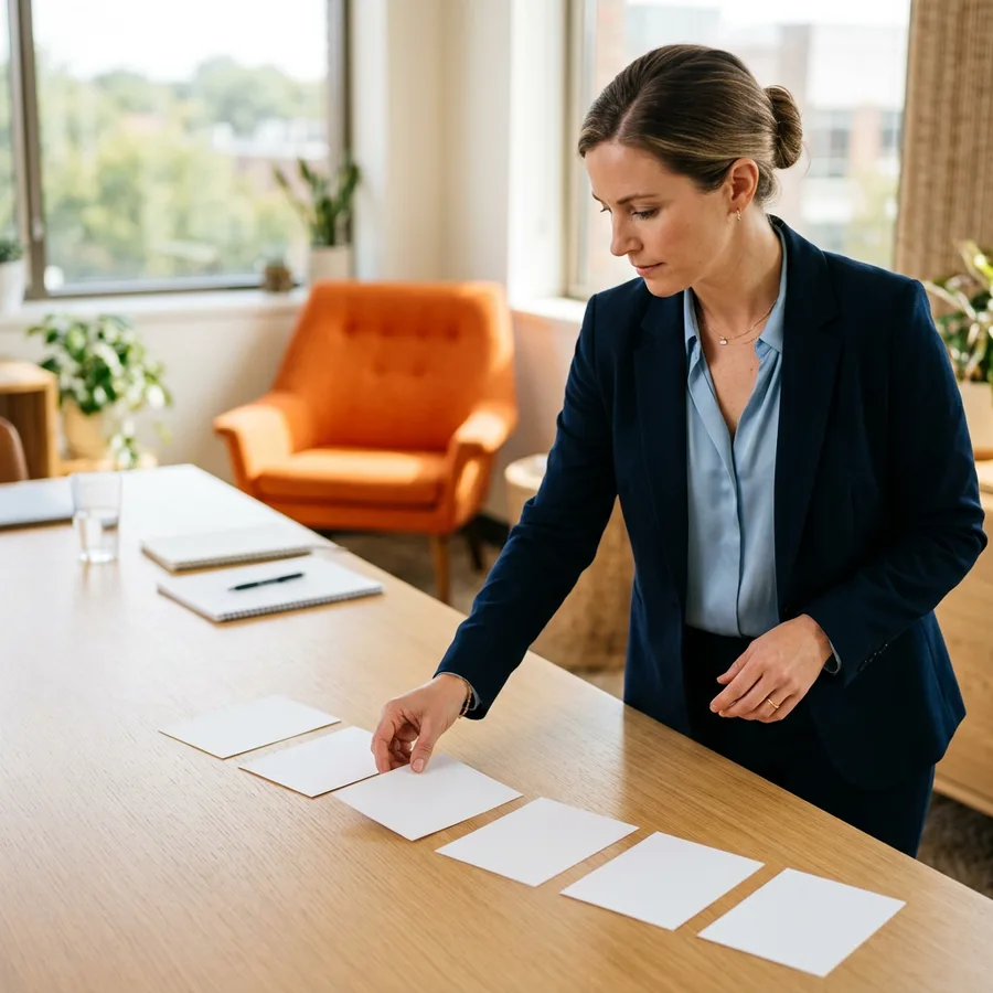 A hiring manager arranging a row of blank cards on a conference table with one gap in the sequence, illustrating data team hiring order