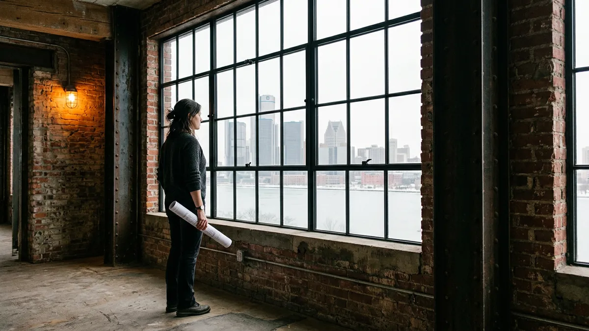 A data professional at a tall steel-sash window in a converted Detroit industrial building, looking out toward the downtown Detroit skyline across the river