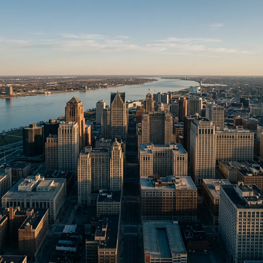 Golden hour aerial view of downtown Detroit office towers with the Detroit River and the far shoreline beyond
