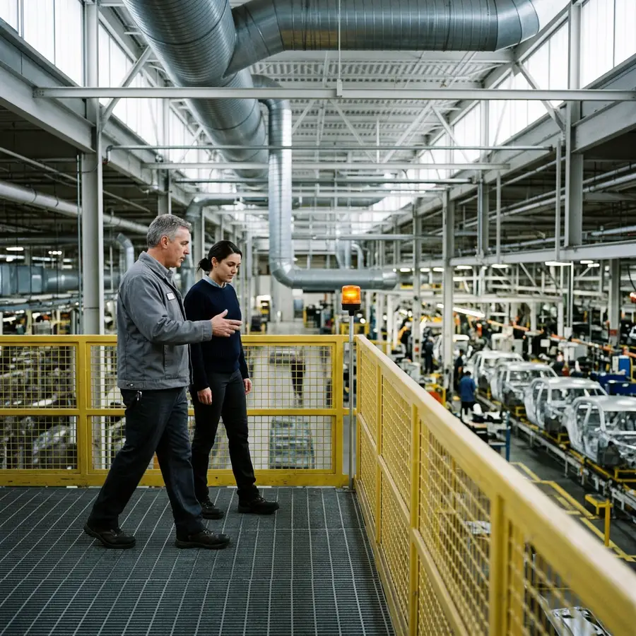 Two colleagues walking a mezzanine walkway above a Michigan automotive assembly floor with bare body-in-white shells on the line below