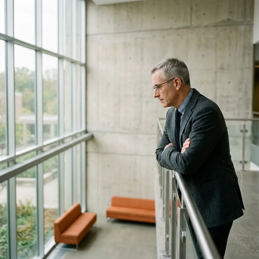 A senior engineering leader in profile leaning on a railing in the bright concrete atrium of a Michigan engineering office