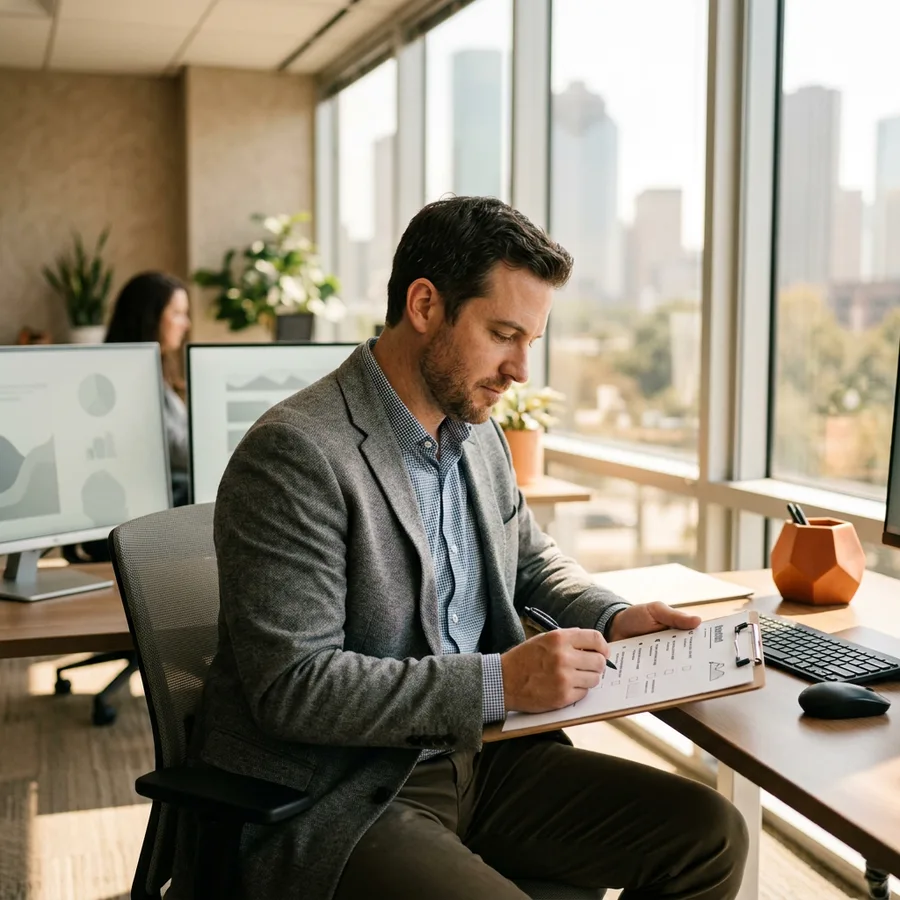 A hiring manager checking off items on a printed readiness checklist at a desk with dual monitors in a Houston office
