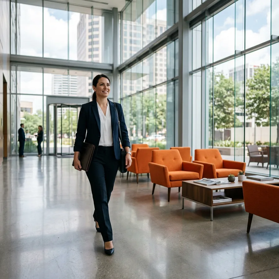 A professional walking through a bright glass-walled corporate lobby in Houston's Energy Corridor with orange accent furniture