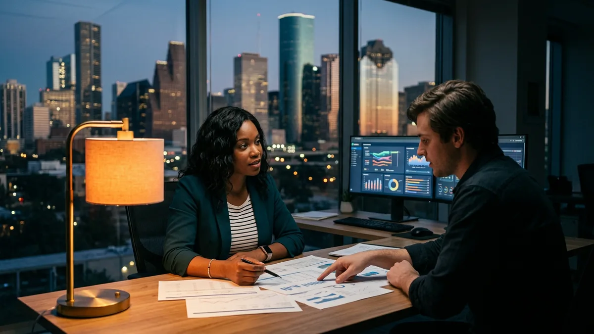 Two colleagues reviewing printed reports at a desk in a dim Houston office at dusk with the downtown skyline lit up through the window, illustrating data staffing in Houston