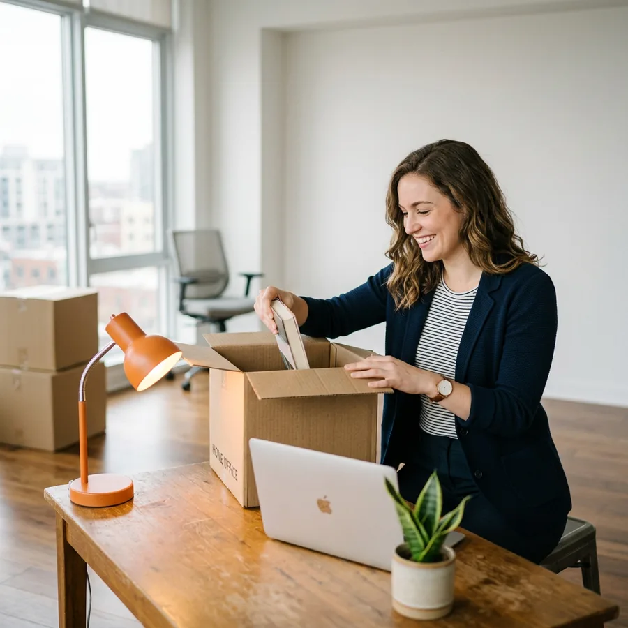 A newly relocated professional unpacking a moving box at a desk in a bright office with an orange desk lamp