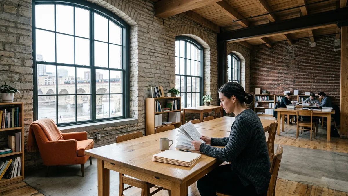 A data professional reading printed reports at a long oak table inside a converted Minneapolis flour mill office with the Mississippi River visible through arched windows