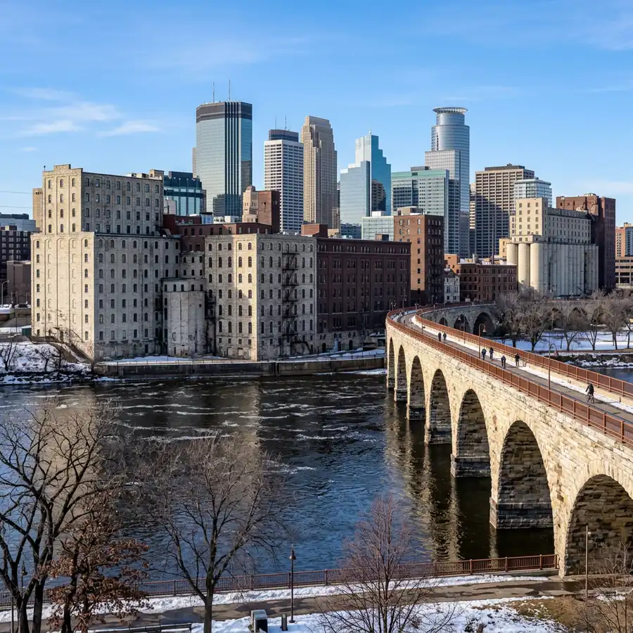Converted limestone and brick flour mill office buildings along the Mississippi riverfront with the downtown Minneapolis skyline behind them