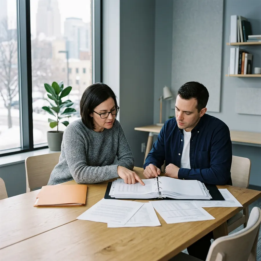 Two colleagues reviewing a printed data access binder together at a light oak table in a bright Minneapolis office