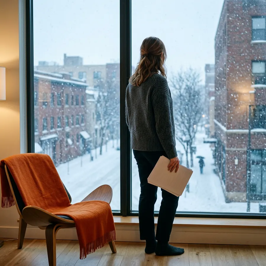 A professional holding a printed report at a window inside a warm Minneapolis workspace while heavy snow falls on the street outside