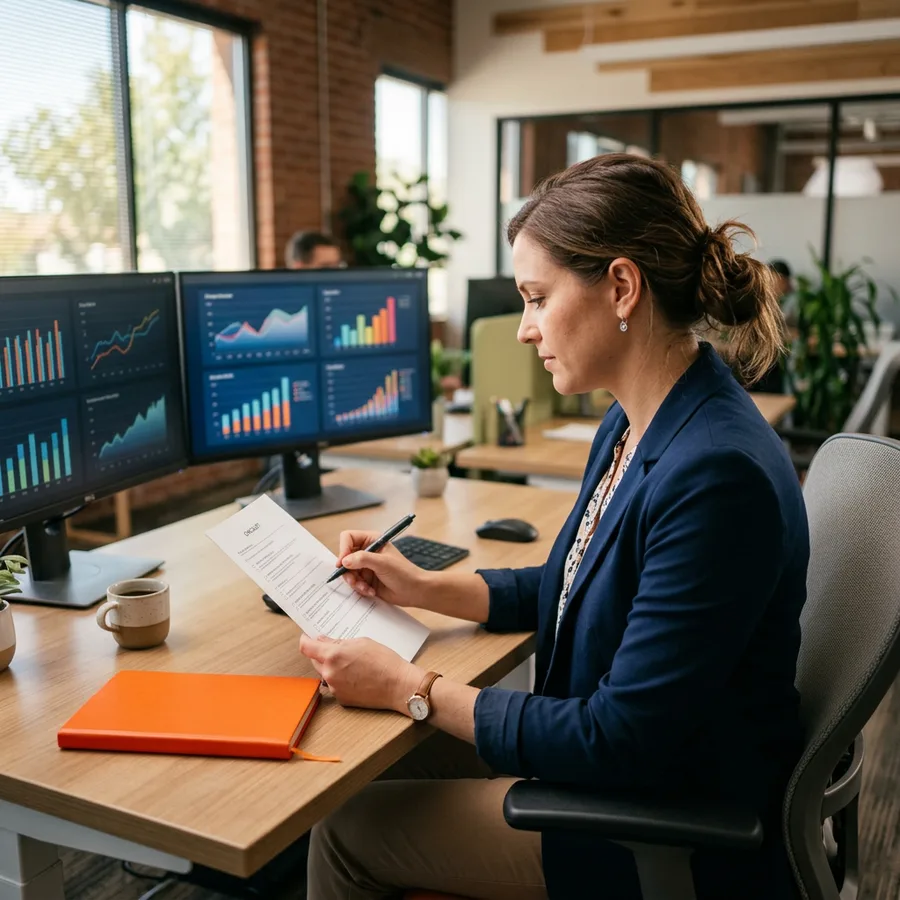 A hiring manager checking a printed readiness list at a desk with dual monitors in a bright Chandler office