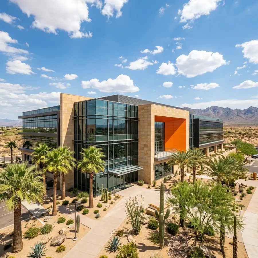 A wide architectural shot of a modern corporate technology campus building in north Phoenix under bright desert sky with palm trees and an orange accent panel