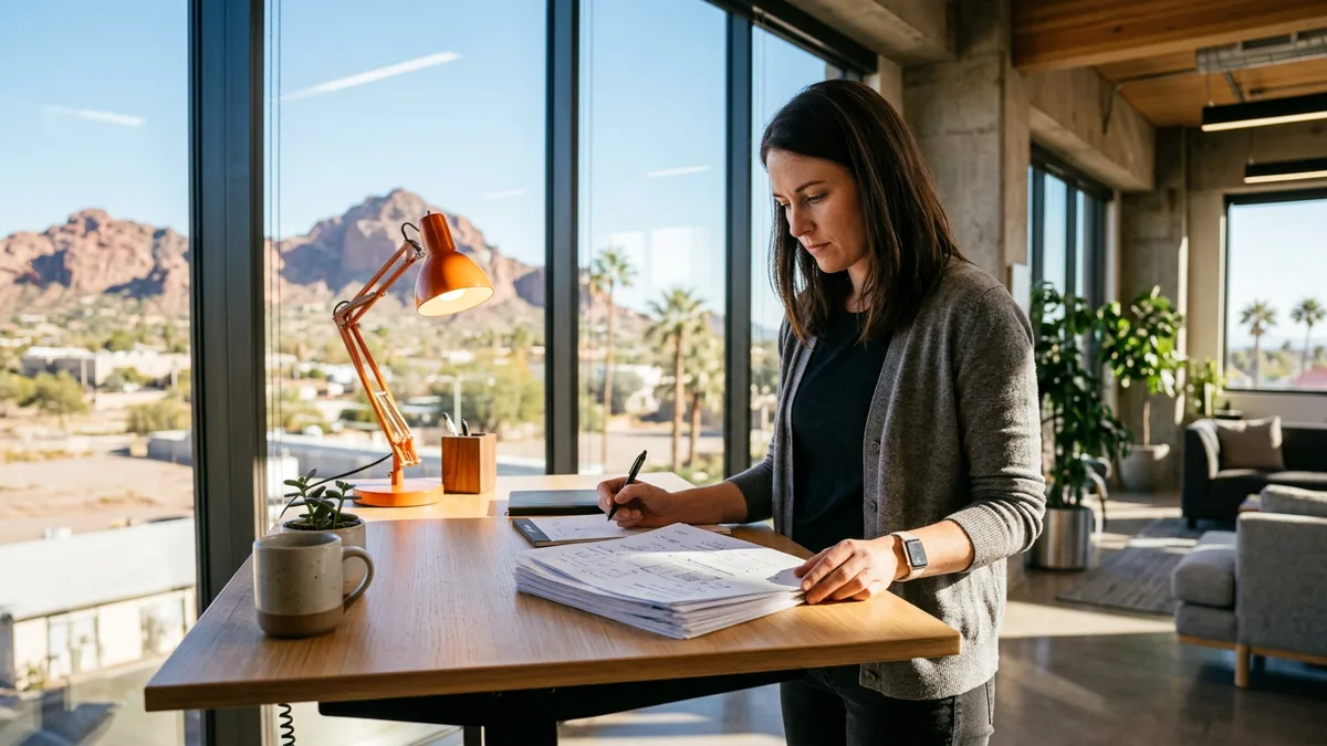A data engineer reviewing a stack of printed field reports at a standing desk in a bright Phoenix office with red rock mountains visible through the window