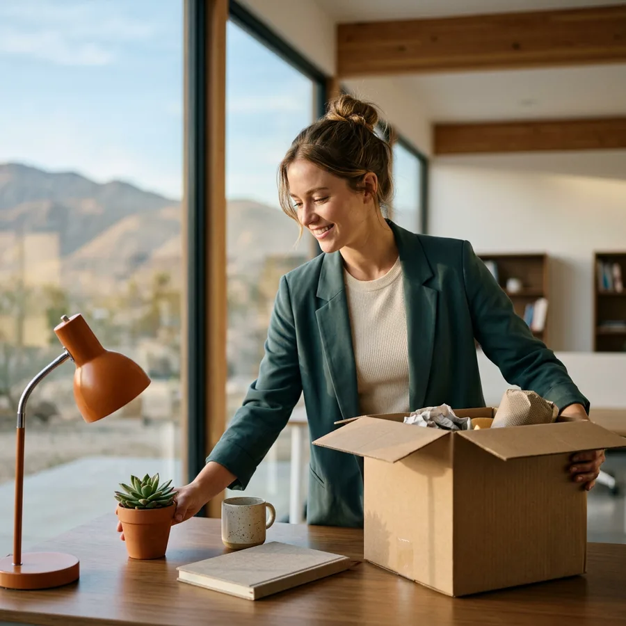A newly relocated professional unpacking a box at a desk in a bright office with an orange desk lamp and desert light outside