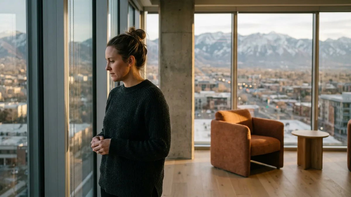 A data professional at an upper-floor window in a Salt Lake City office looking out toward the snow-dusted Wasatch Range in late afternoon light