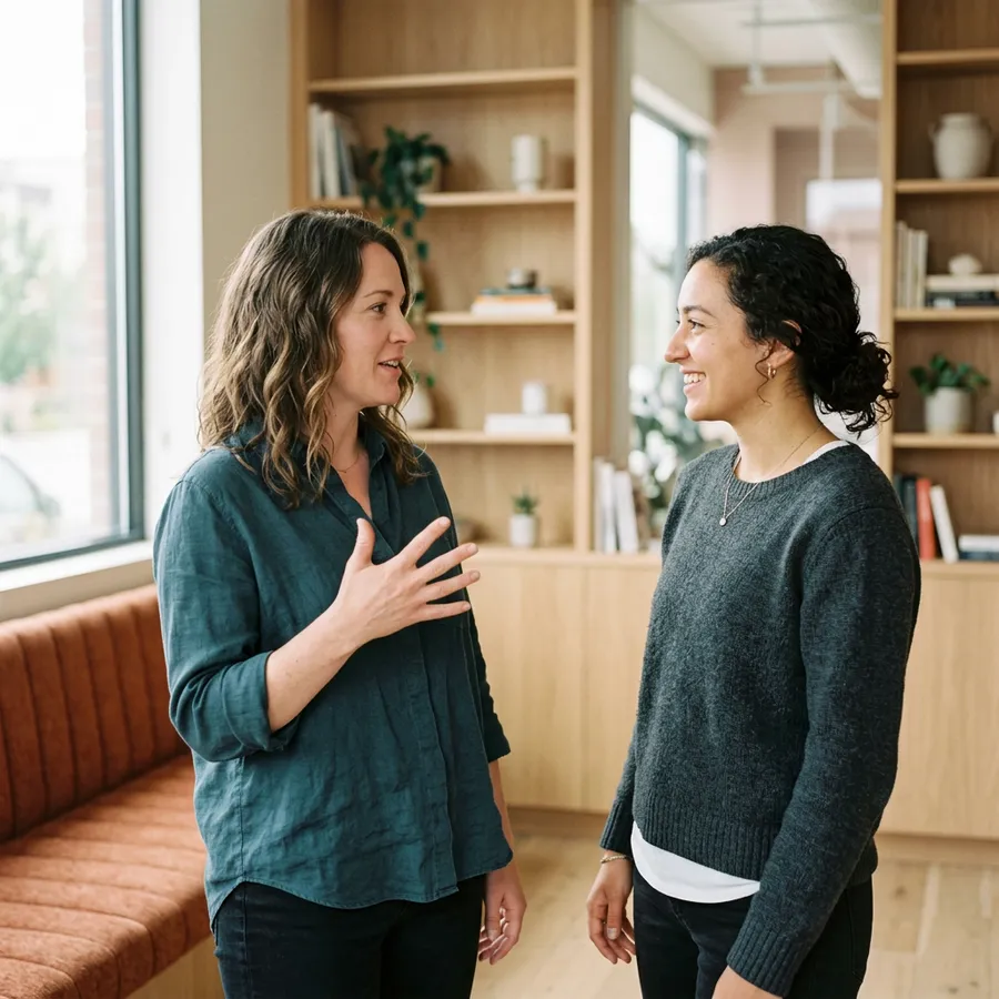 Two colleagues standing in conversation in a bright Salt Lake City office, one gesturing while the other listens
