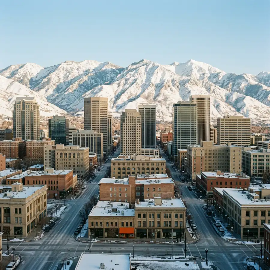 Downtown Salt Lake City office towers with the snow-covered Wasatch Range rising directly behind them in clear morning light