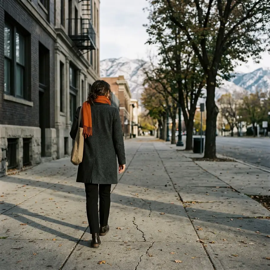 A professional walking along a tree-lined downtown Salt Lake City sidewalk in morning light with the Wasatch foothills at the end of the street