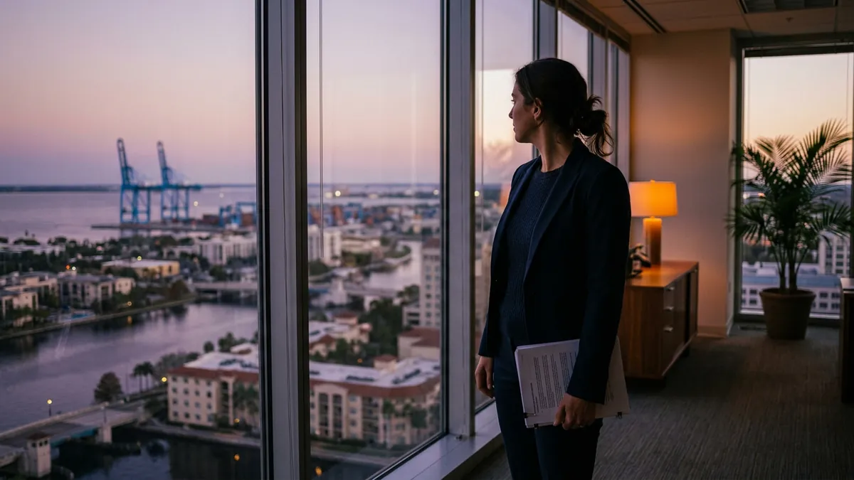 A data professional standing at a tall window in a downtown Tampa office at dusk with the Hillsborough River and port cranes visible below
