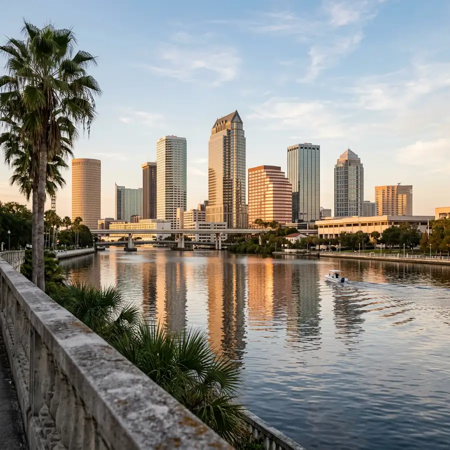 The downtown Tampa skyline and Hillsborough River waterfront seen in warm late afternoon light with palms in the foreground