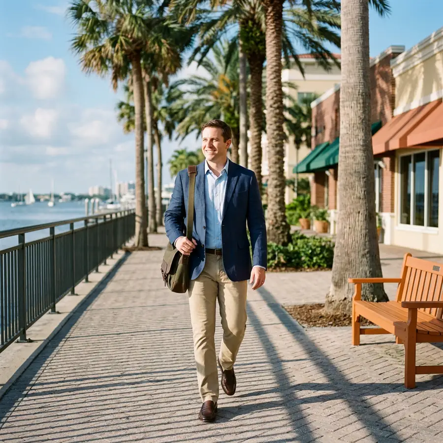 A professional walking a palm lined Tampa waterfront path in the morning with low brick buildings behind