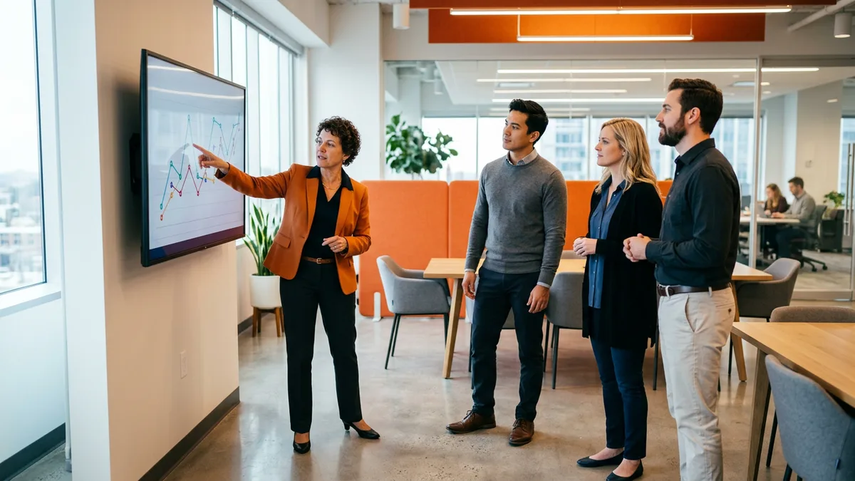 Data team gathered around a wall display reviewing a trend chart and discussing who owns the metric definition