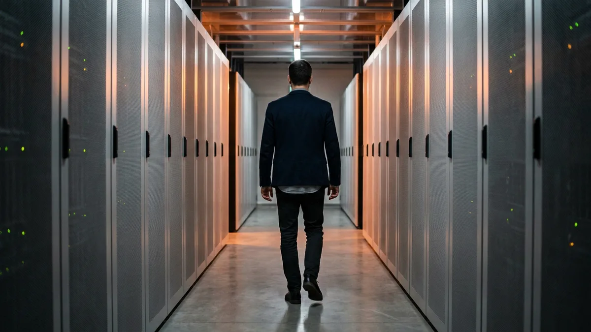 Site reliability engineer walking a production server room aisle where reliability work begins after traffic arrives