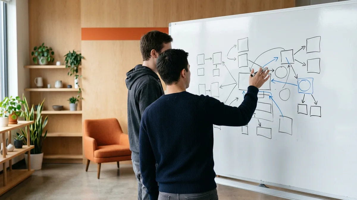 Two engineers at a whiteboard mapping where DevOps pipeline ownership ends and SRE reliability ownership begins
