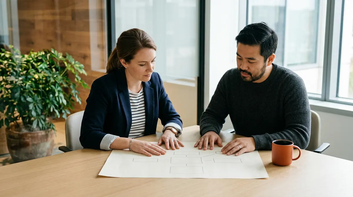 Hiring manager and KORE1 recruiter reviewing a printed engineering org chart together at a table