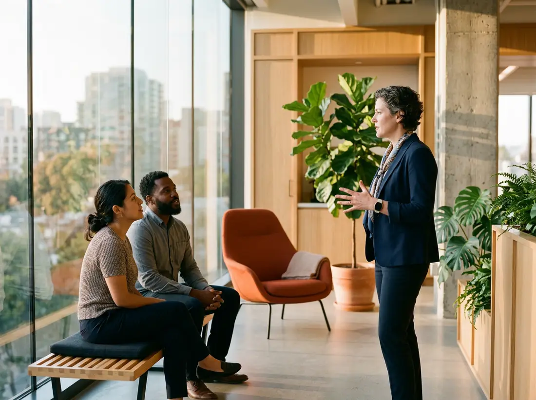Director of engineering talking with two engineering managers beside a glass wall in a modern office