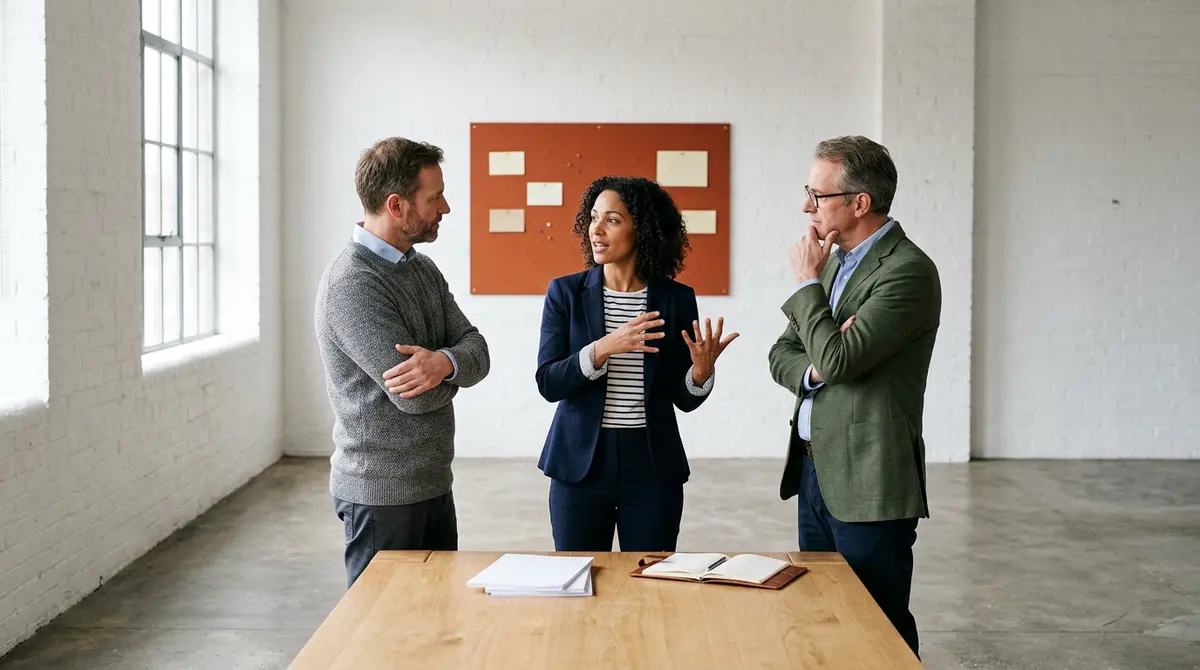 Engineering director standing with three engineering managers around a table reviewing printed delivery plans