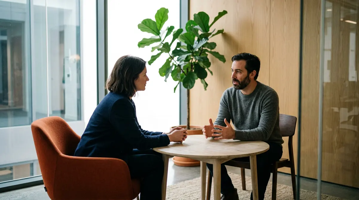 Newly promoted engineering director in a one-on-one conversation with an engineering manager in a glass meeting room