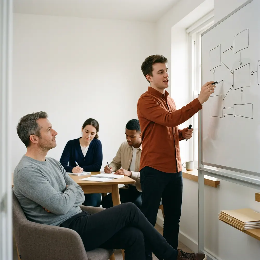 A director of product listening while a product manager presents at a whiteboard to the team