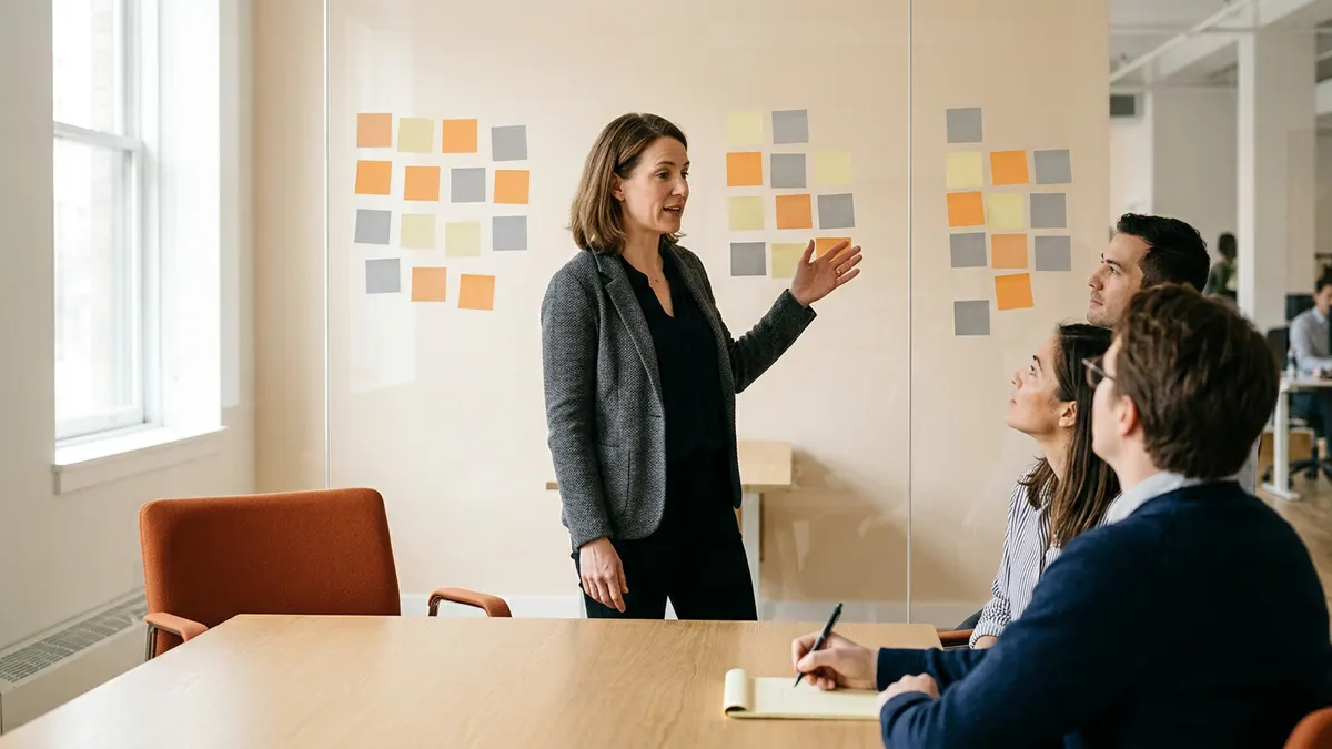A director of product working through grouped roadmap notes on a glass wall with three product managers