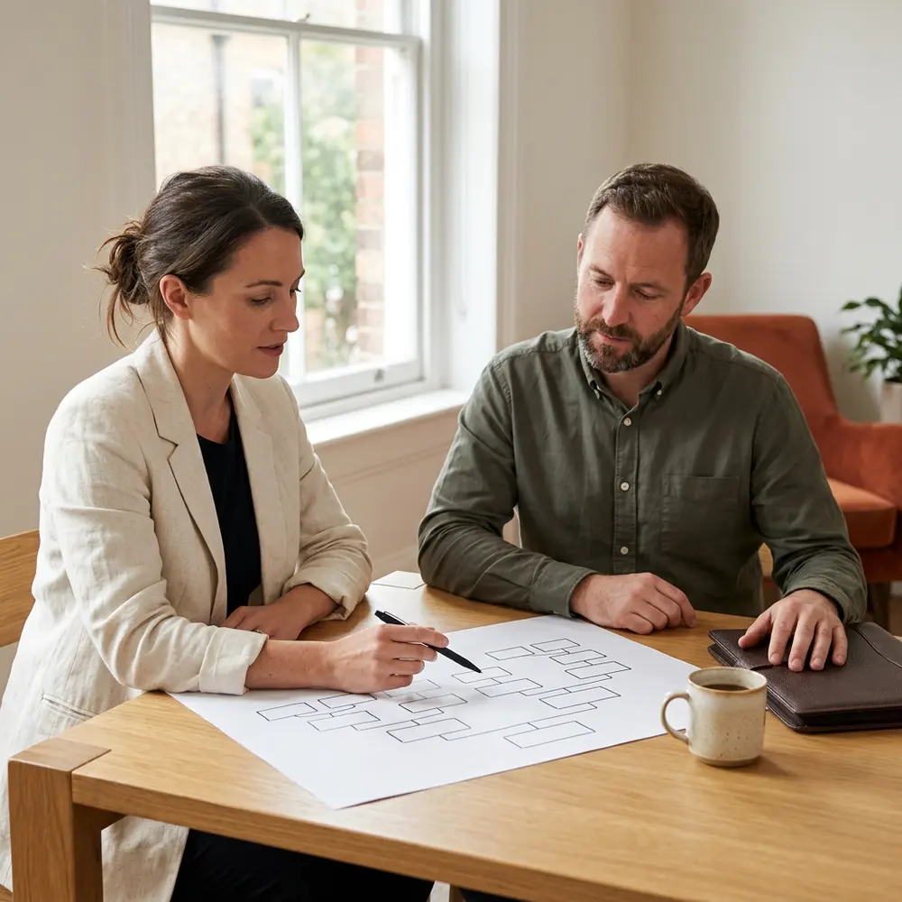 A KORE1 recruiter counting boxes on a printed product org chart with a hiring manager