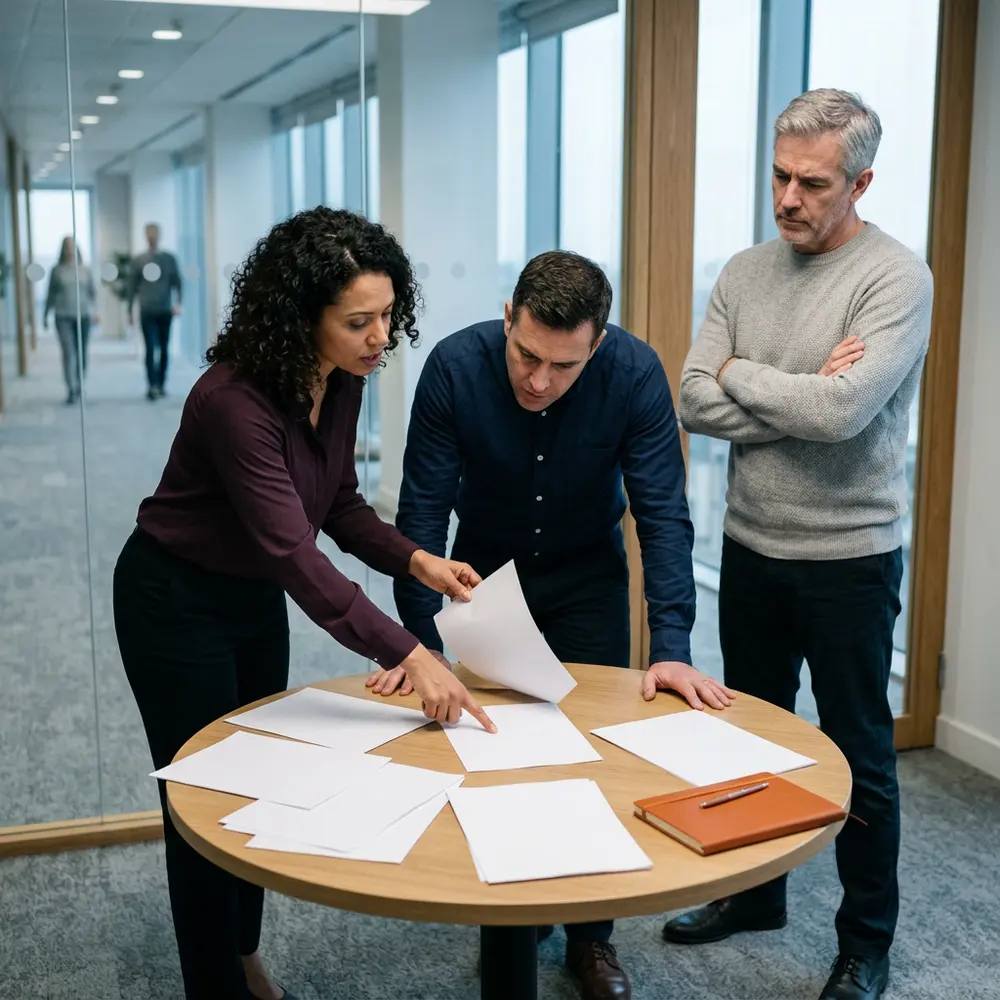 A product director, an engineering director and a design lead working through printed roadmap pages together