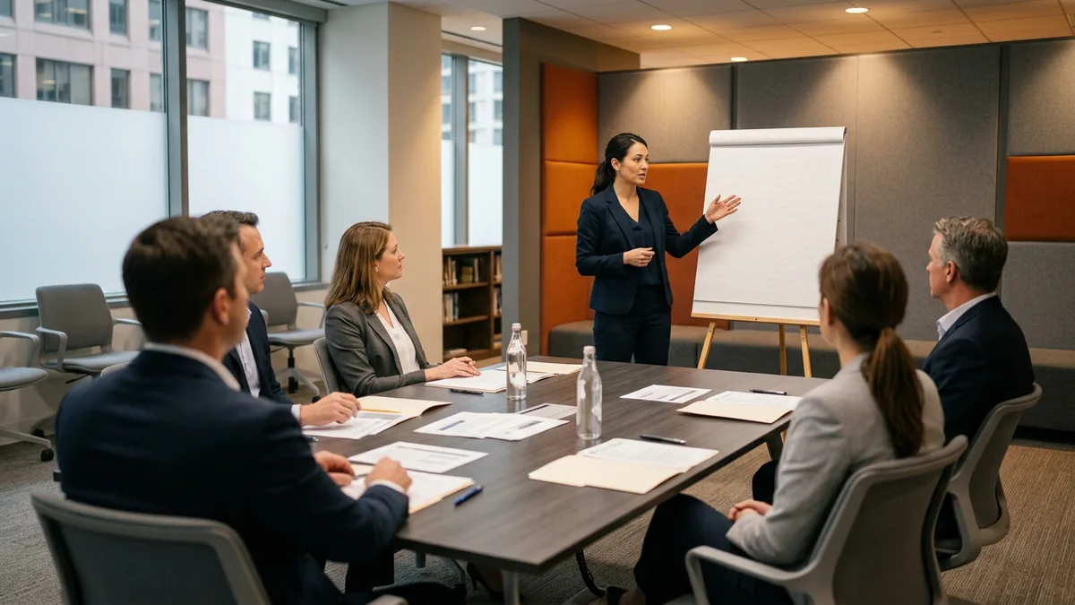 VP of Engineering presenting DORA delivery metrics to an executive team in a conference room