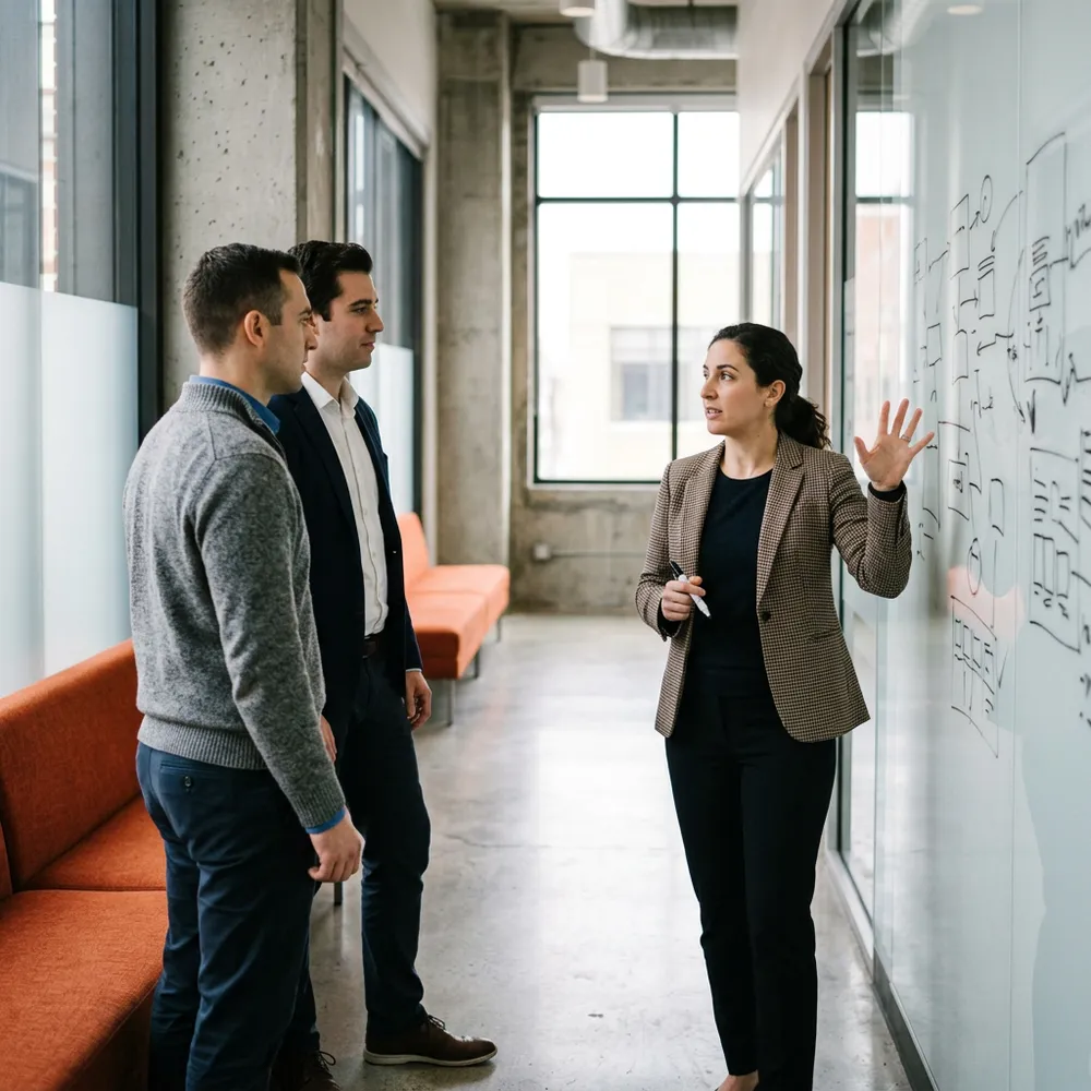 Three Microsoft Dynamics consultants talking beside a whiteboard after a partner project meeting
