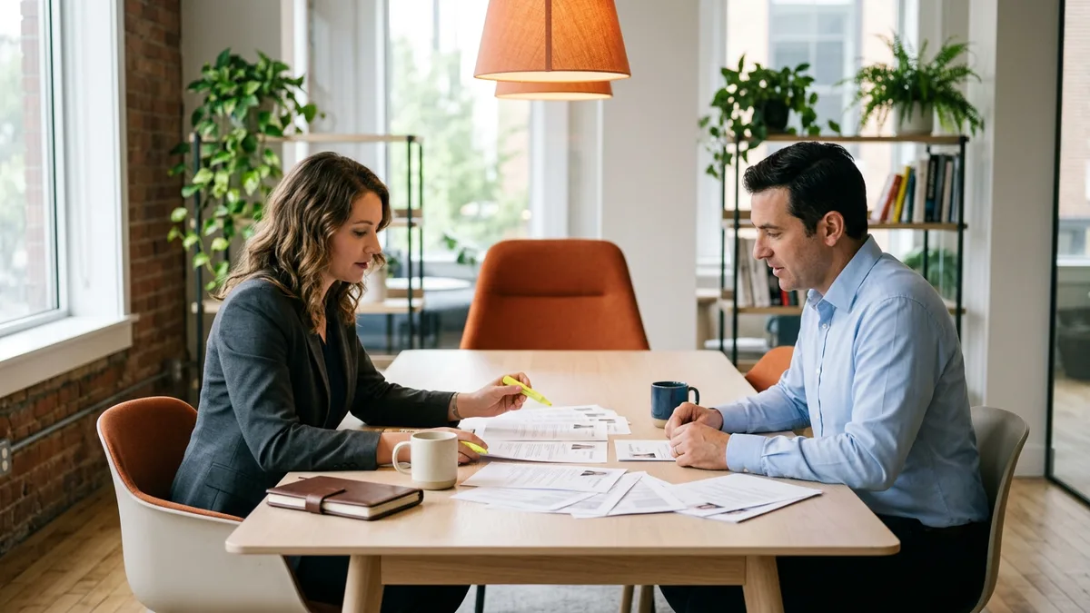 A KORE1 Dynamics 365 recruiter and a hiring manager reviewing printed consultant profiles across a bright office table
