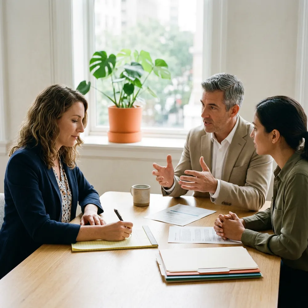 A KORE1 recruiter taking handwritten intake notes while two client leads describe a Dynamics requirement