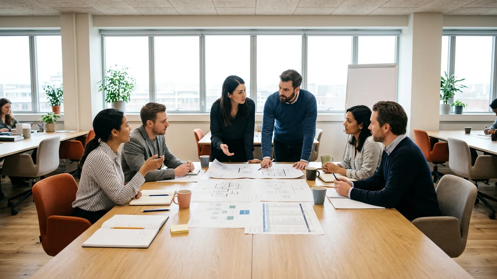 A Dynamics 365 implementation team working through printed project plans around a long office table