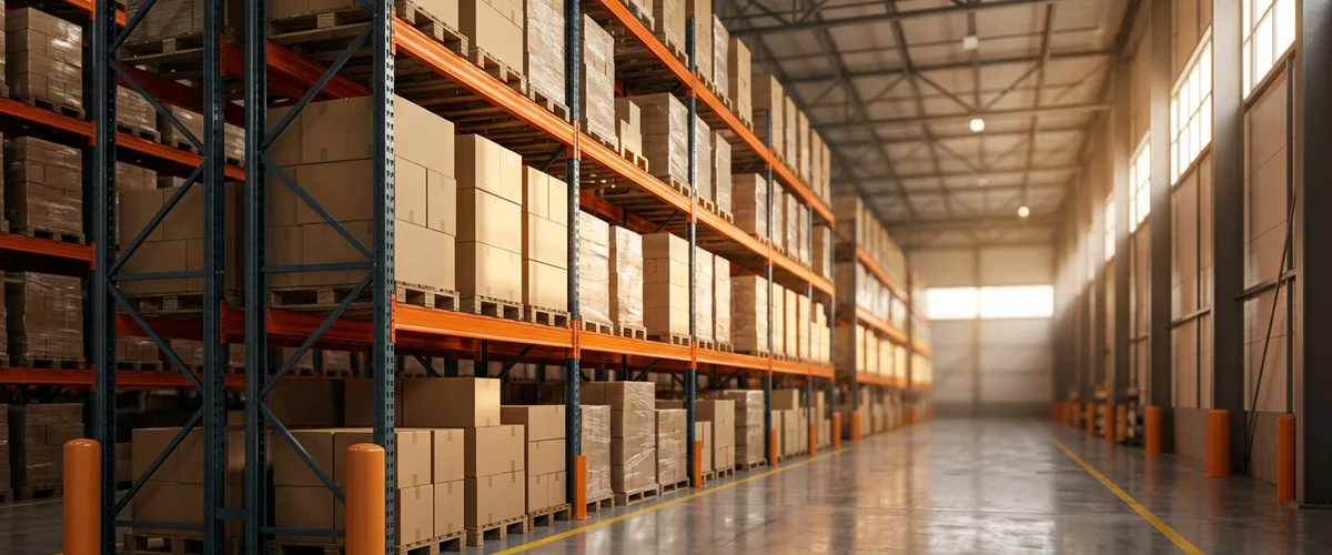 Distribution center aisle with orange pallet racking, the warehouse side of an ecommerce tech stack built to scale past 250 million