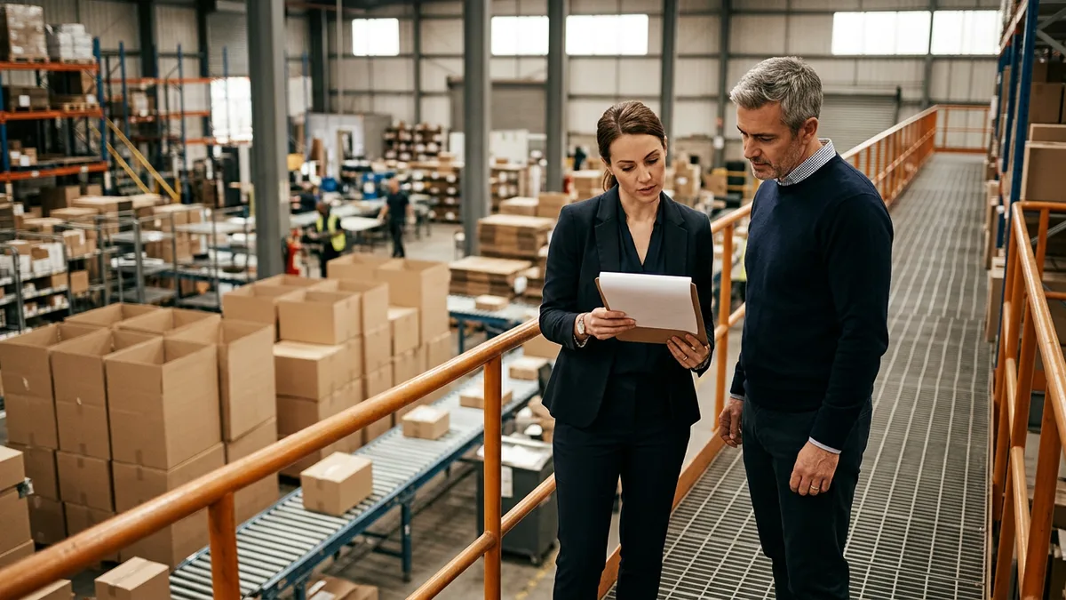 Operations lead and finance manager reviewing a printed order report on a warehouse mezzanine above a conveyor line
