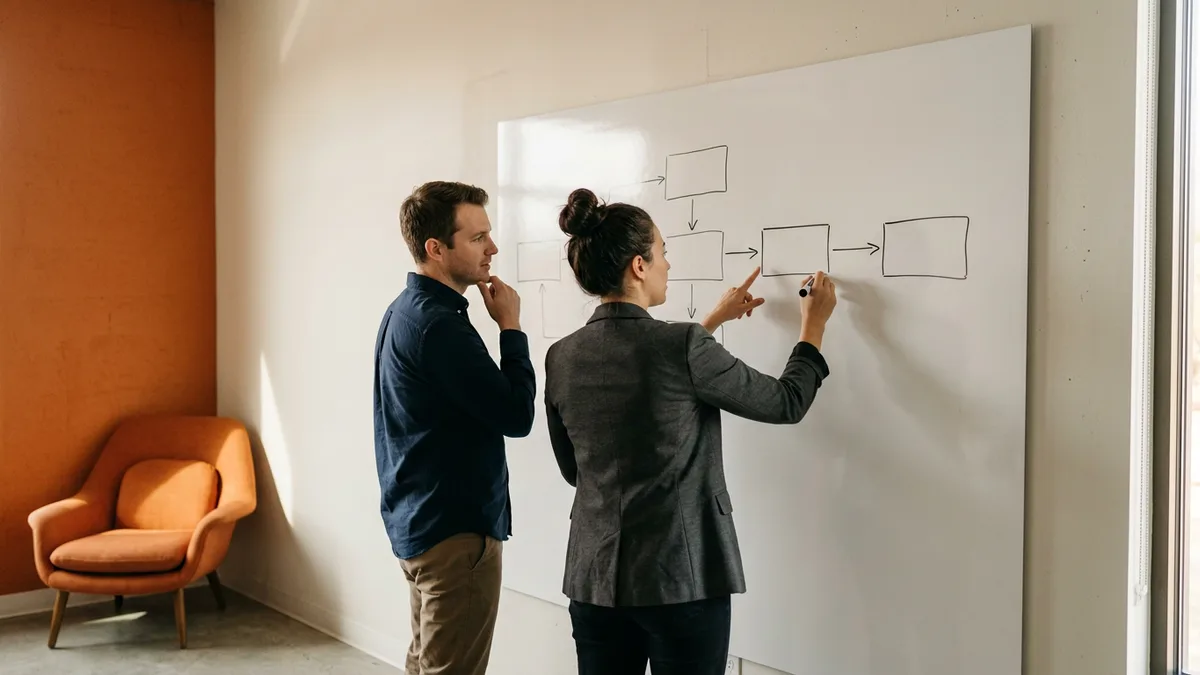 Two consultants mapping system of record ownership for an ecommerce tech stack on an office whiteboard