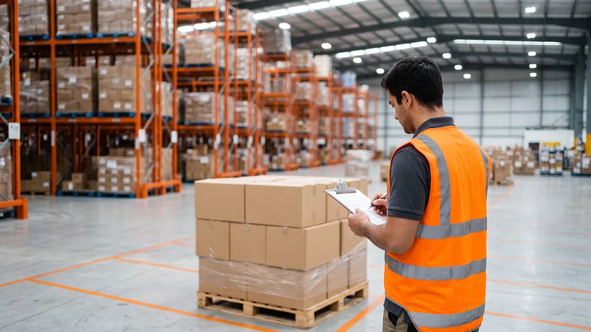 Warehouse associate checking palletized cartons against shipment paperwork during an advance ship notice accuracy audit