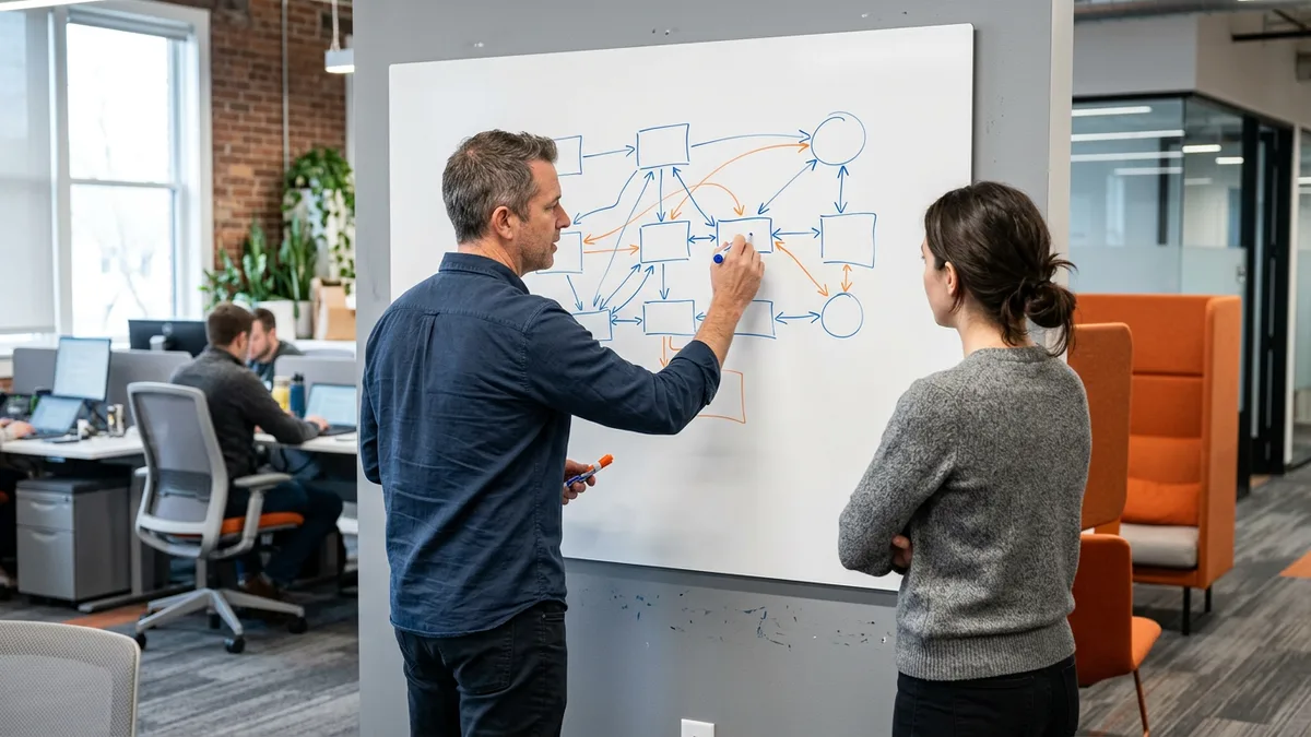 Two colleagues mapping EDI and API integration flows on a whiteboard during a hybrid B2B design session