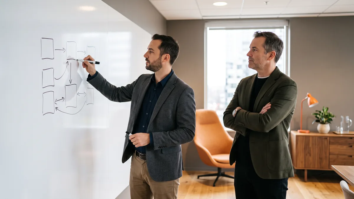 Two technology leaders mapping an EDI document flow on a whiteboard during a technical interview