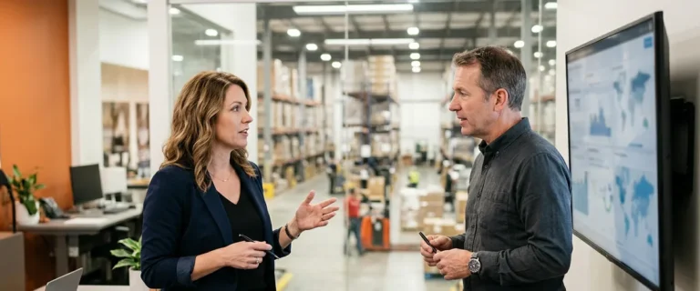 Hiring manager and operations lead discussing EDI analyst hiring in front of a warehouse floor