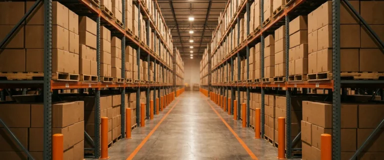 Distribution center racking aisle representing the trading partner network an EDI analyst job description has to describe